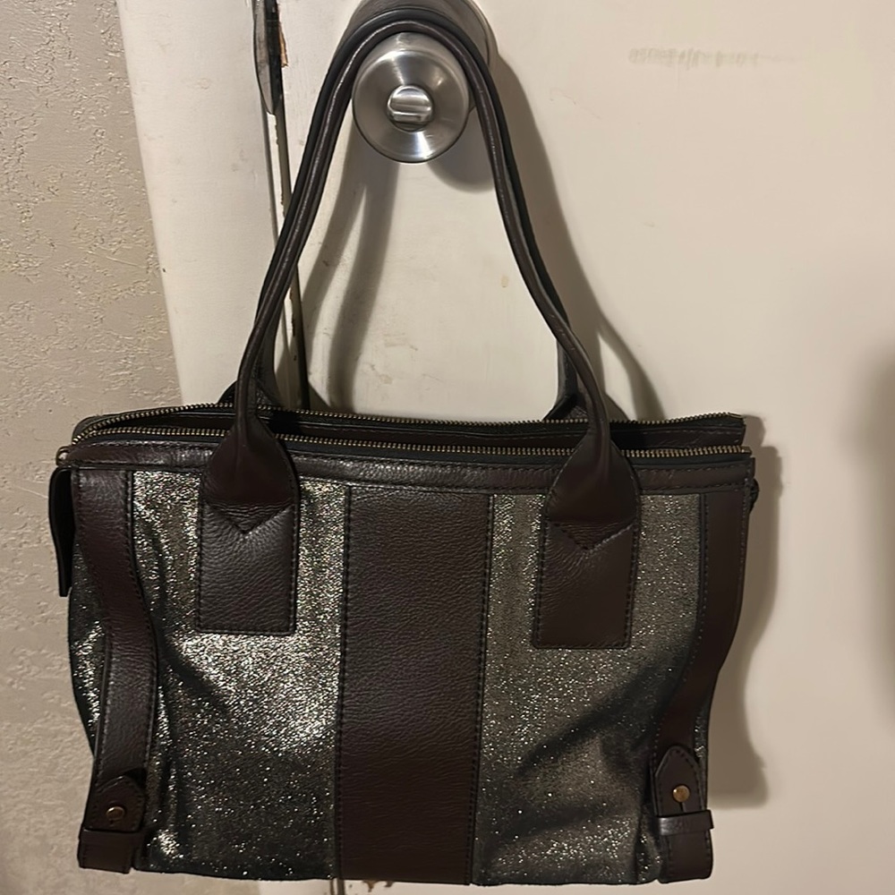 Fossil Gwen brown & pewter leather glitter metallic satchel / tote shoulder bag